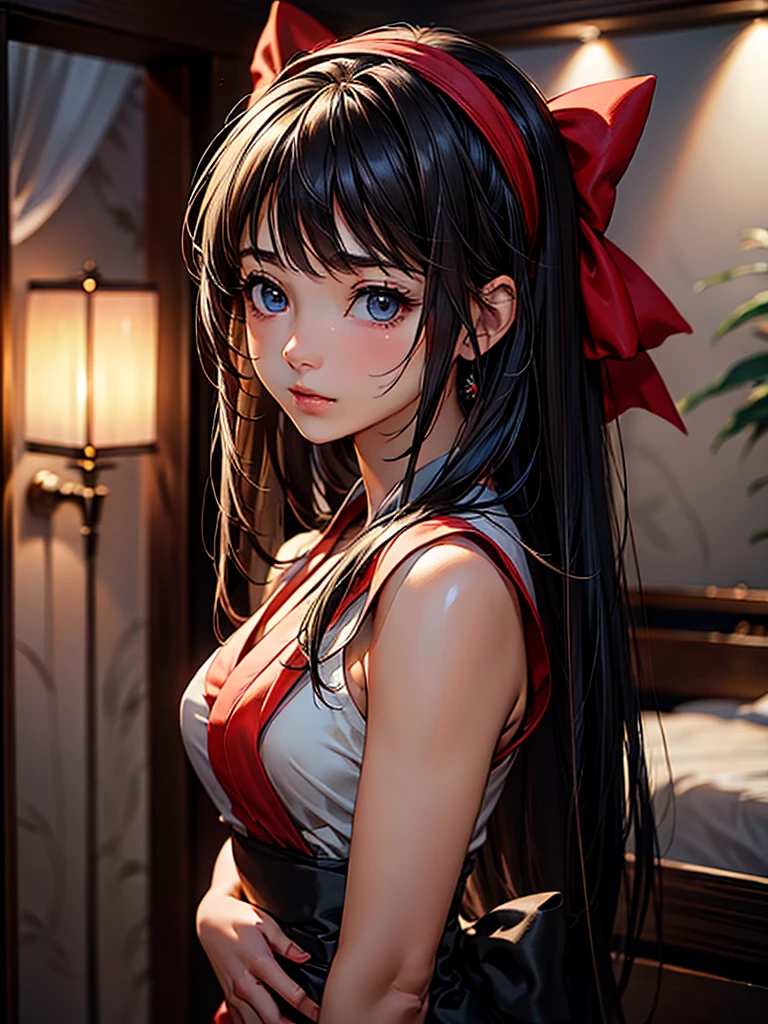 (​masterpiece、top-quality、hight resolution、Unity 8k、extremely details CG:1,Best Picture), A girl in search of a partner for the night. She has a  look on her face. Set the scene in a quiet, dimly lit room to create an atmosphere of . Focus on her face and body language to convey a mixture of desire and sadness. hairband, ((red ribbon))