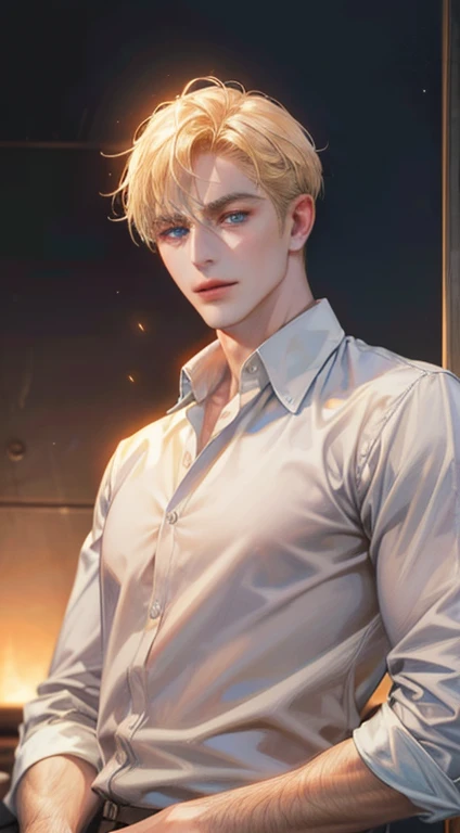 (best quality,4k,8k,highres,masterpiece:1.2),ultra-detailed,(realistic,photorealistic,photo-realistic:1.37),1 man,31 years old,mature man,very handsome,without expression,smile,short golden hair,blue eyes,penetrating gaze,perfect face without errors,imposing posture,businessman,office background,cinematic lighting,hdr image