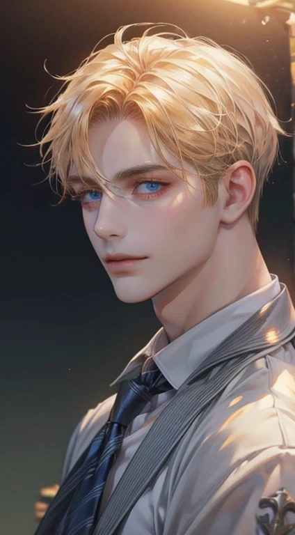 (best quality,4k,8k,highres,masterpiece:1.2),ultra-detailed,(realistic,photorealistic,photo-realistic:1.37),1 man,31 years old,mature man,very handsome,without expression,smile,short golden hair,blue eyes,penetrating gaze,perfect face without errors,imposing posture,businessman,office background,cinematic lighting,hdr image