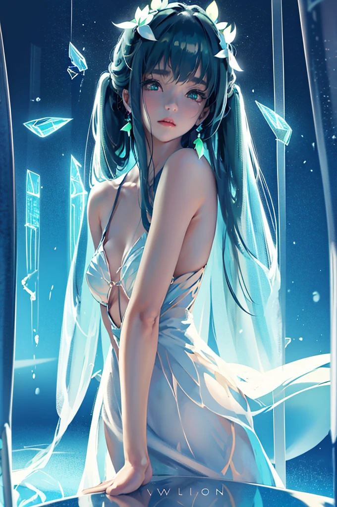 art by Cornflower, dreamy (a girl who was petite and had beautiful detailed eyes. The depth of field in the photo was perfect, and the lens flare added a nice touch, {{side breast:2}}, wet transparent dress