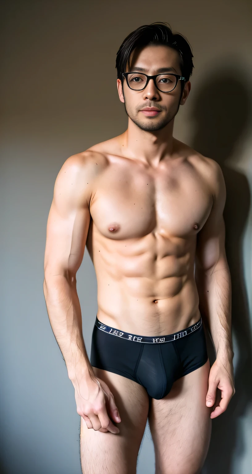 natural male、30 years old、male、Japanese、very handsome、abs、Pectoral muscle、ck black-underwear、sexy pose、body hair、full-length picture,wearing glasses