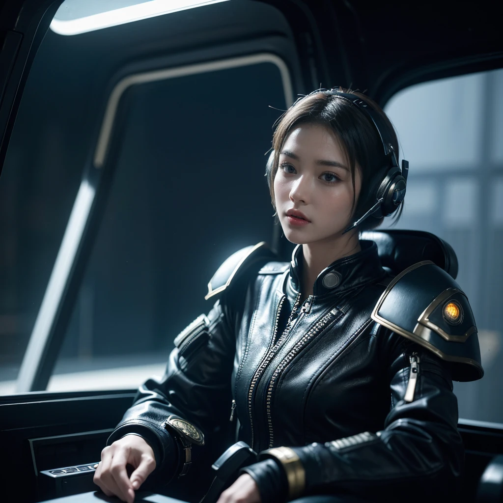 Alien technology air force uniform , fashion photography , Inspired by Cyberpunk。(best quality,4K,8K,high resolution,masterpiece:1.2), (Practical,Reality,Photo-real:1.37).masterpiece,Game Art,Best picture quality,最high resolution,8K,,Unreal Engine 5 rendering works,(Digital Photography), 20 year old girl,Short hair details,（Half-length photo）（Spacecraft pilot)（Spaceship cockpit） (Future armor combined with air force uniforms,Mysterious oriental runes,Exquisite clothing patterns),Future Warrior,Cyberpunk Characters,War Background, light，Ray Tracing，Game CG，((3D Unreal Engine))，OC rendering reflection mode，blur background
