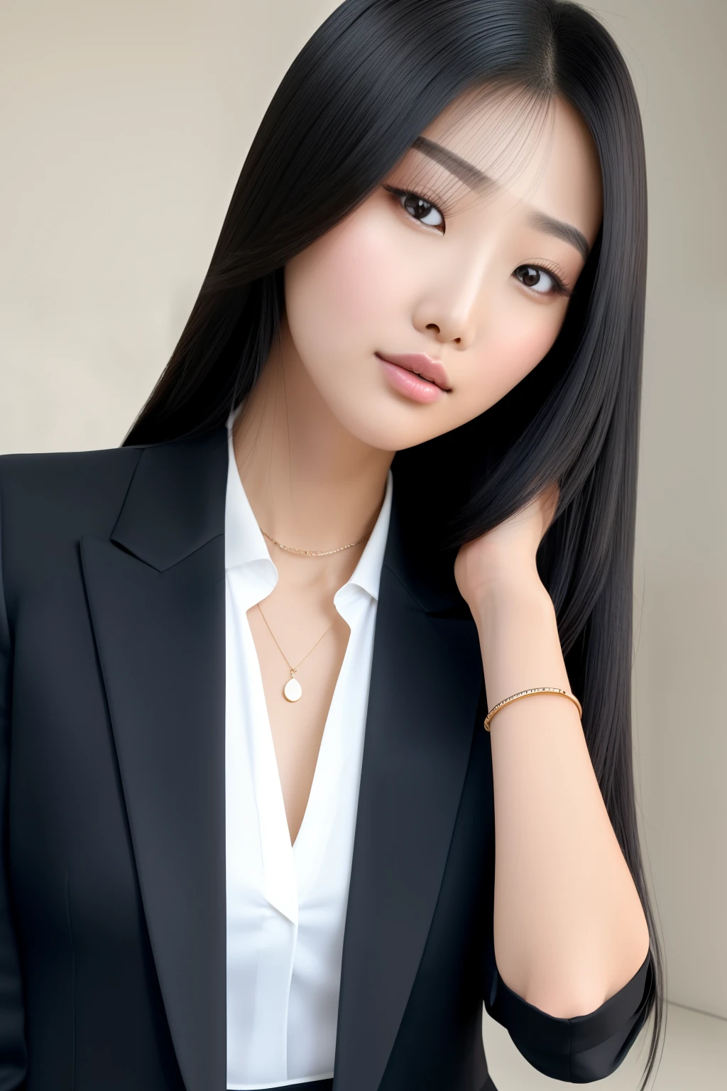 Korean girl with long, sleek black hair, cascading down her shoulders, highlighting her cherry pink lips. Her flawless face is a canvas of perfection, with high cheekbones, almond-shaped eyes, and a radiant complexion. She is dressed in a sophisticated work outfit, complete with a tailored blazer and a fitted skirt, exuding an air of confidence and elegance. The close-up image captures her every detail, showcasing the masterpiece in high quality, with every line and curve emphasized, making it a true work of art. The soft lighting adds depth and dimension to the image, making it a fine example of high-quality photography, a true masterpiece.