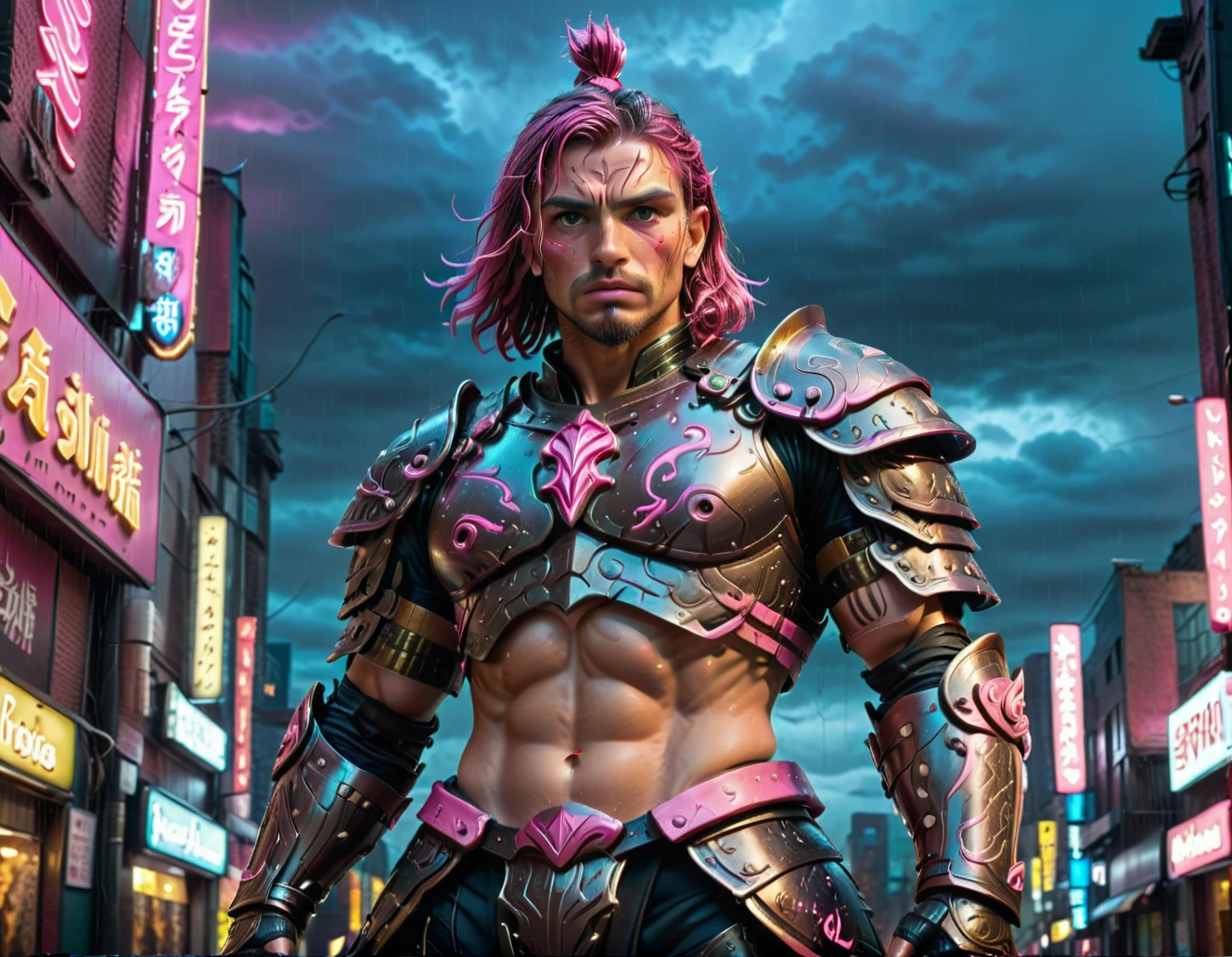 gorou (Genshin Influence),young boy, 1 boy, male focus, animal ears, alone, multi-colored. hair, Brown hair, dog boy, white hair, tassel, Hundeohren, armor, upper body, streaked hair, bangs,Not suitable for work,small, muscular legs , muscular arms, Muscular upper body, muscular abdominal muscles , muscular shoulders, muscular body, ((porträit, helden schuß,))