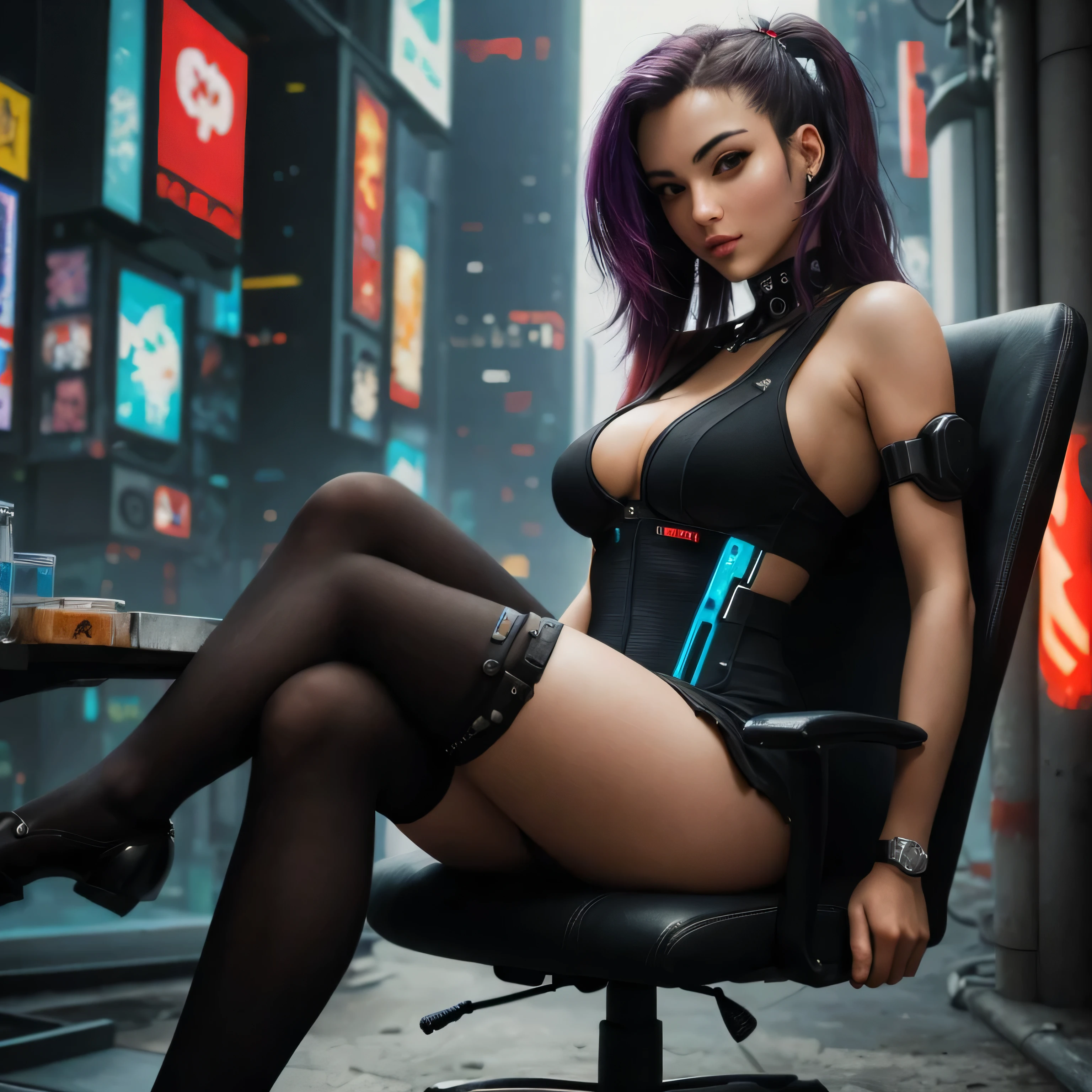 ((best quality)), ((masterpiece)), (detailed), ninja,  cyberpunk, sexyrobutts, sitting in chair, beautiful face