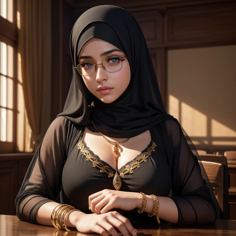 1girl, beautiful detailed eyes, beautiful detailed lips, extremely detailed eyes and face, long eyelashes, 18 years old, tight black clothes, glasses, hijab, voluptuous breasts, golden bangles, bracelets, necklaces, swiss golden watch, in classroom, shy expression, (best quality,4k,8k,highres,masterpiece:1.2),ultra-detailed,(realistic,photorealistic,photo-realistic:1.37),portraiture,fantasy,warm color tones,dramatic lighting