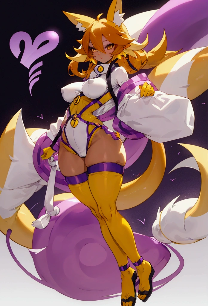 make me the character renamon from digimon but in a human version of this same one make it have details or characteristics of renamon such as its ears and tail and also make a full body image make it have nice and firm breasts and a light skin tone too Make her a curvy and sexy body with medium thighs that are neither too big nor too small.