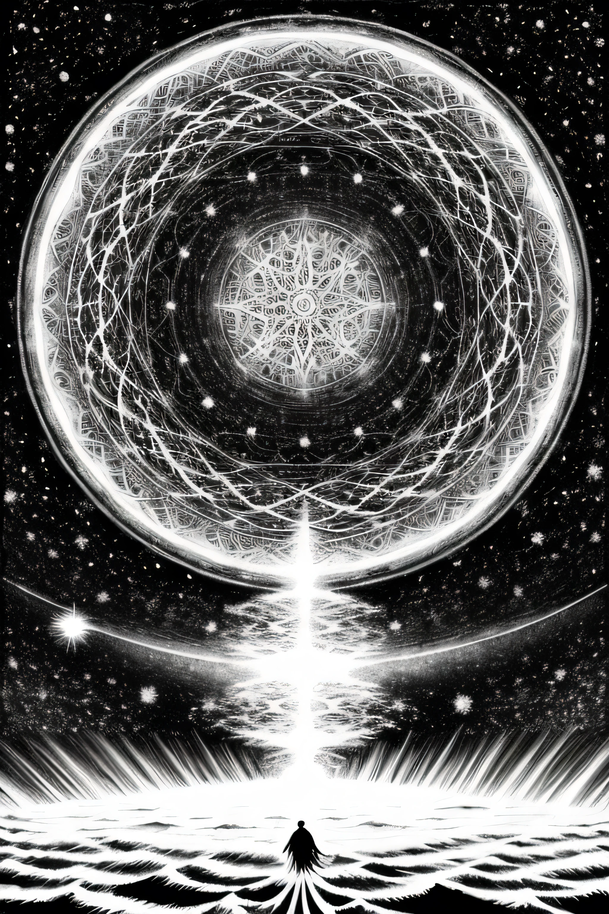 Detailed manga style drawing of a gigantic whirlwind symbolically representing the entirety of existence with lost souls suffering and other souls in joy.
Let it be seen from a distant place.
Let it be Berserk manga style