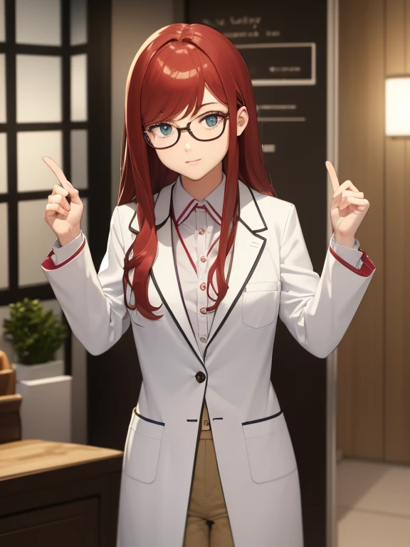 ((artwork, Best quality)), Front Lighting, (1 girl), (Alone), (female focus), (stand:1.3), (looking forward: 1.3), front camera, straight pose, chubby, nerdy, smart, small, causal clothes, lab coat, white coat, scientist, chemistry, red glasses, medium hair, (very wide shot:1.5), wavy hair, red hair, hair behind the ear, human ear, green eyes, determined eyes, arrogant smile , arrogant, confident, determined, light reflection, anatomically correct