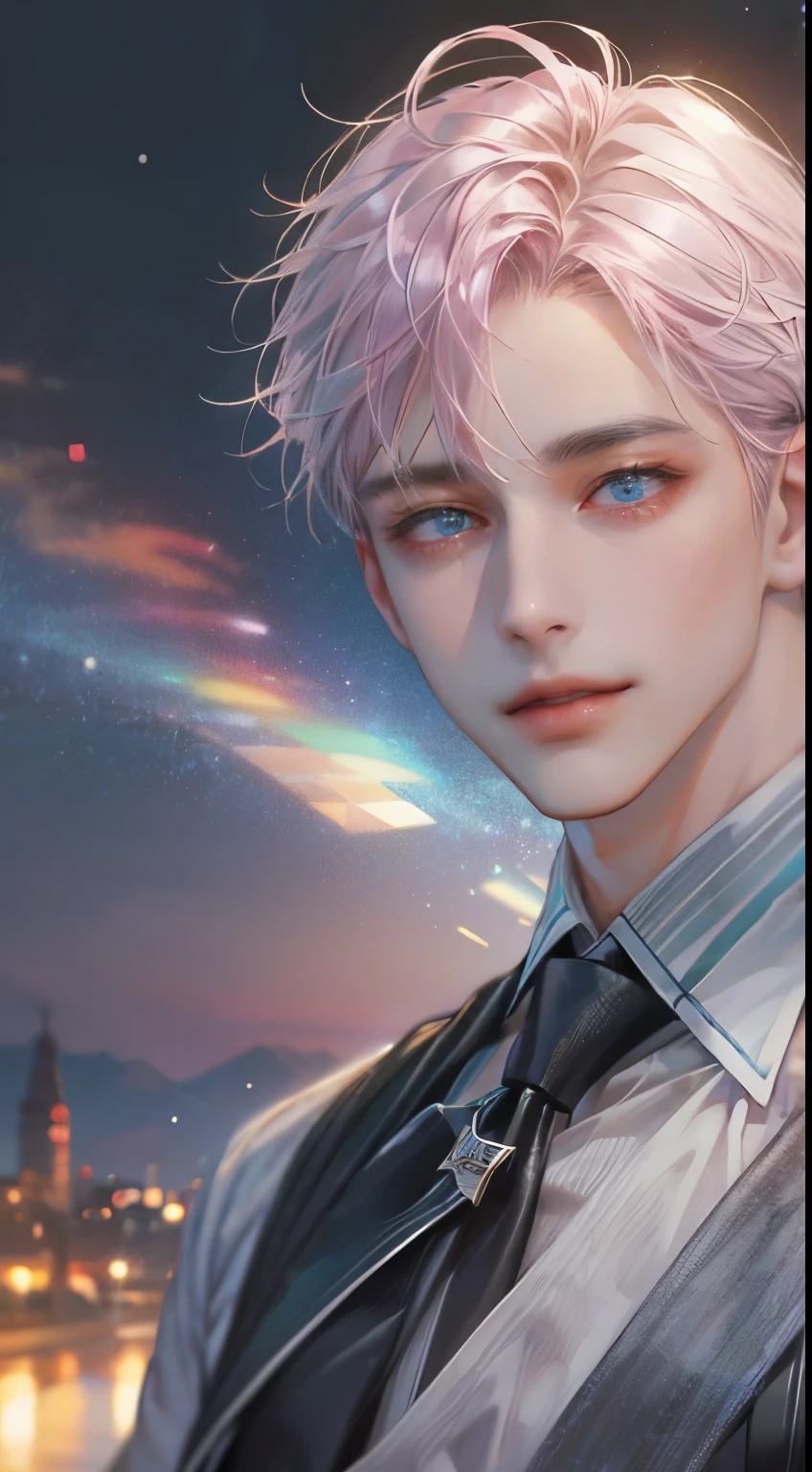 (Highest quality,4K,8K,High resolution,masterpiece:1.2),Super detailed,(Realistic,photoRealistic,photo-Realistic:1.37),1 person,31 years old,Mature Men,Beautiful skin、very handsome,Expressionless,smile,Short gray pink hair,blue eyes,Sharp Eyes,A perfect face without a doubt,Businessman,Office Background,Cinema Lighting,HDR image,tie、