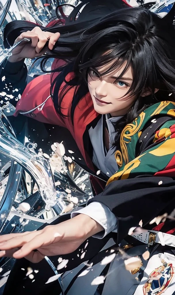 a close up of a person with long hair and a red clothes, taomioka giyu, taomioka giyu from anime demon slayer, as an anime character, perfect anime face, he has black hair with bangs, male anime character, anime character, anime best man, hime cut hairstyle, black hair, blue eyes, smile, realistic, ultra detail, city background, (handsome face:1.3)