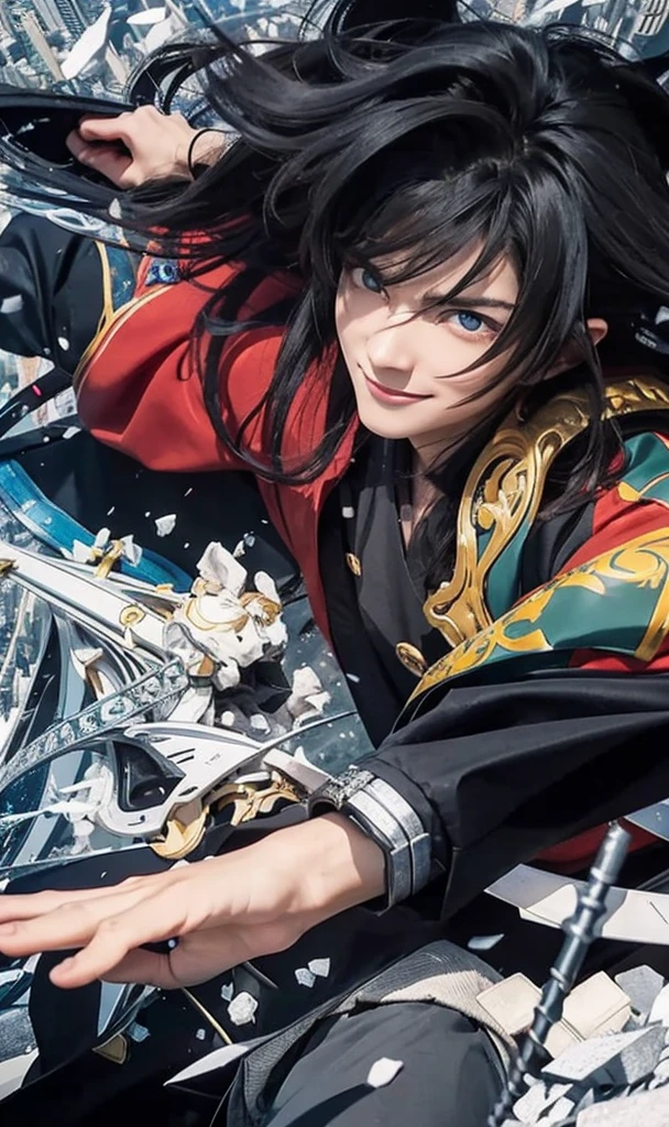 a close up of a person with long hair and a red clothes, taomioka giyu, taomioka giyu from anime demon slayer, as an anime character, perfect anime face, he has black hair with bangs, male anime character, anime character, anime best man, hime cut hairstyle, black hair, blue eyes, smile, realistic, ultra detail, city background, (handsome face:1.3)