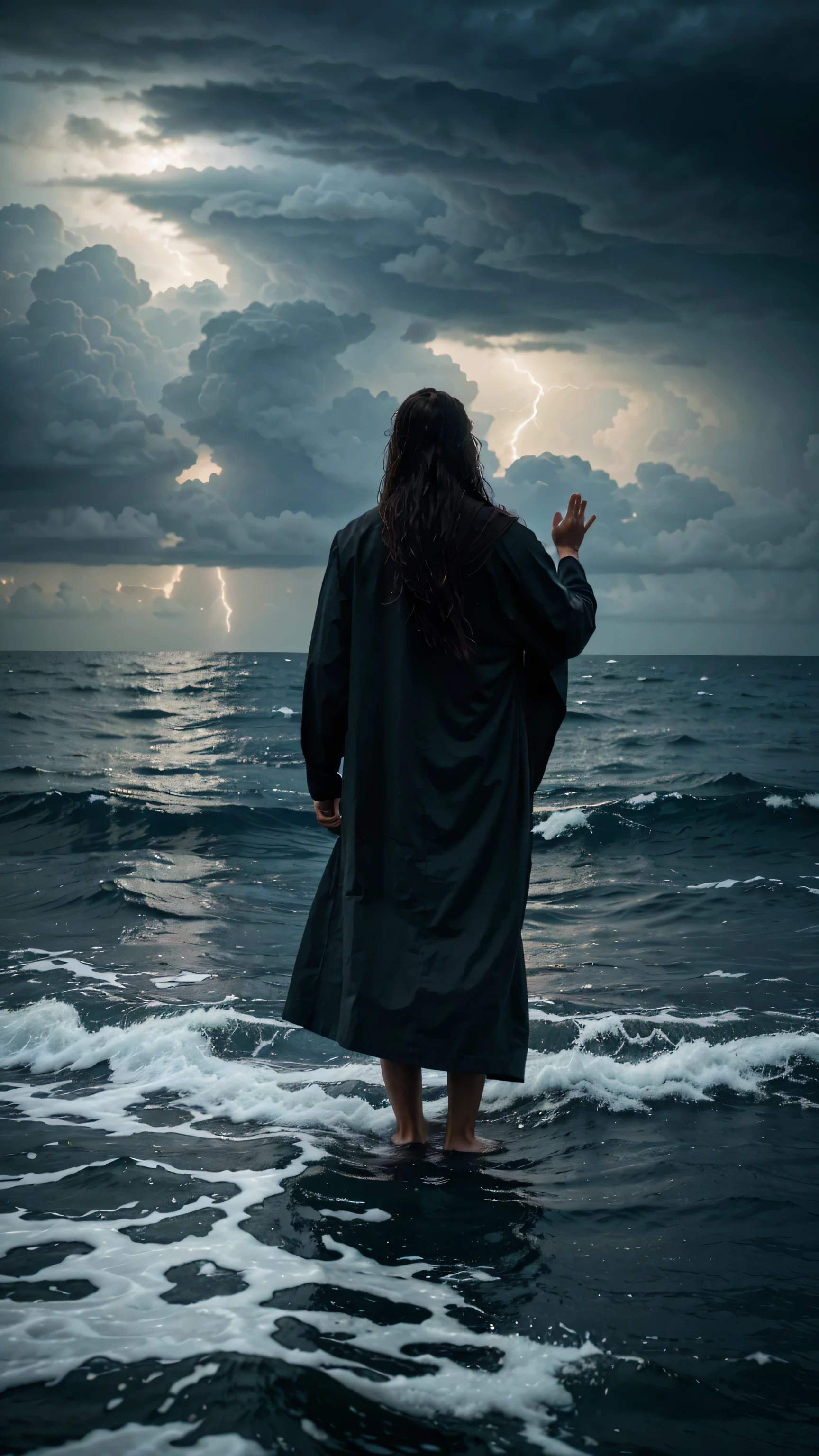 A pious man with long hair stands on the waves of the ocean with both hands raised. The sky is covered with dark clouds. Back view.
Hyper-realistic photography, gentle soft natural lightning, real photo,Cinematic style,realistic environment,low contrast, 32k resolution , highly detailed, realistic dress. Ultrarealistic water, hills