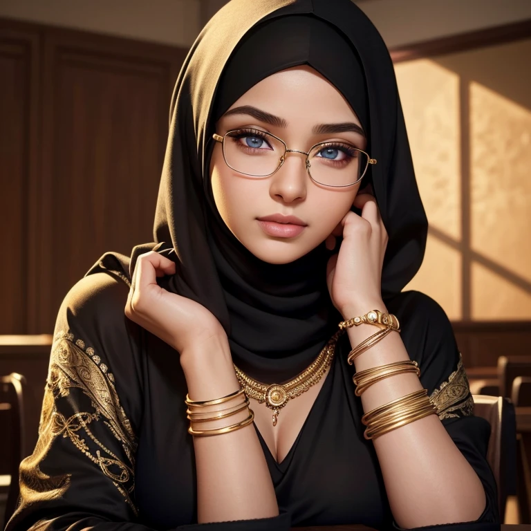 1girl, beautiful detailed eyes, beautiful detailed lips, extremely detailed eyes and face, long eyelashes, 18 years old, tight black clothes, glasses, hijab, voluptuous breasts, golden bangles, bracelets, necklaces, swiss golden watch, in classroom, shy expression, (best quality,4k,8k,highres,masterpiece:1.2),ultra-detailed,(realistic,photorealistic,photo-realistic:1.37),portraiture,fantasy,warm color tones,dramatic lighting