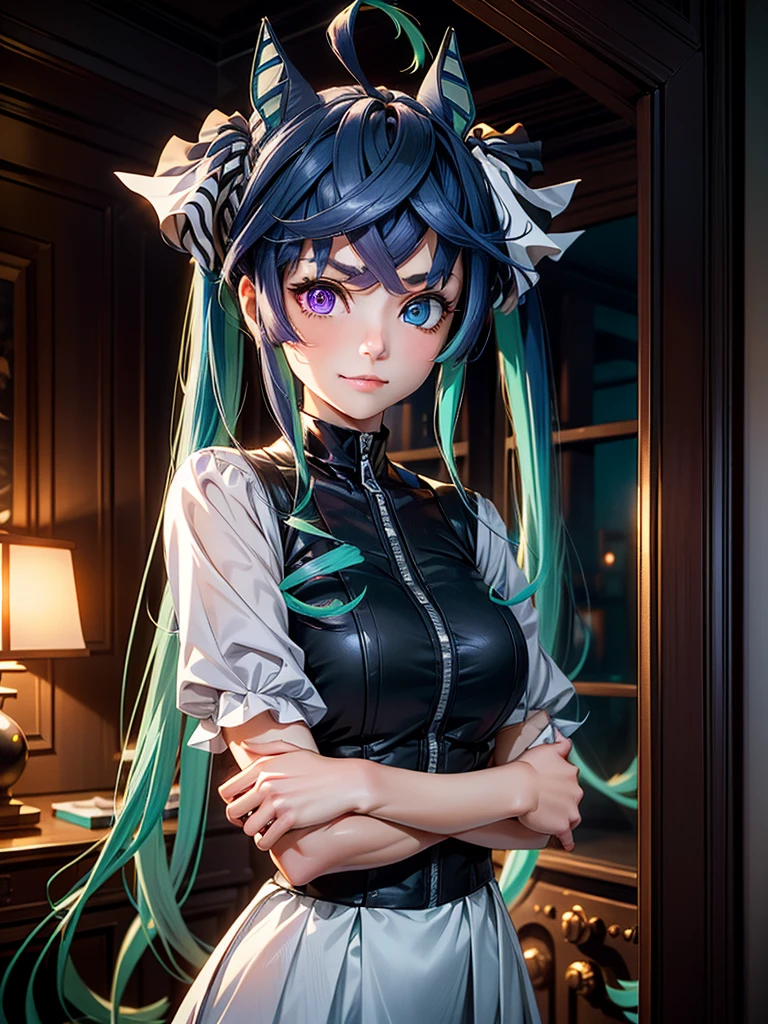 (​masterpiece、top-quality、hight resolution、Unity 8k、extremely details CG:1,Best Picture), A girl in search of a partner for the night. She has a seductive look on her face. Set the scene in a quiet, dimly lit room to create an atmosphere of seduction. Focus on her face and body language to convey a mixture of desire and sadness. sad smile, Twin_Turbo_Umamusume, aqua hair, twintails, heterochromia, purple eyes, blue eyes, sharp teeth,