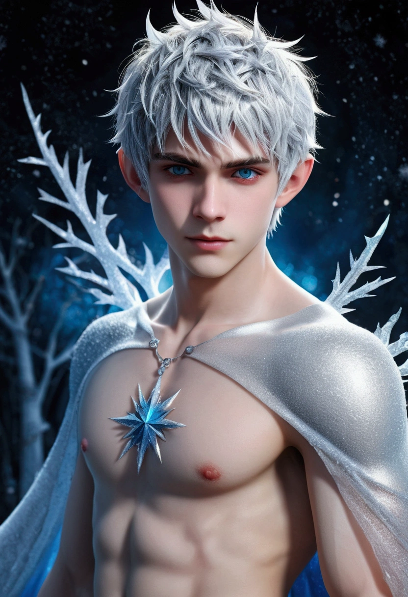 (Jack Frost: 1.6), full full body shots photorealistiic young man, fairy prince , 18 years old, milk white skin, blue eyes, white hair, shirtless, 6-pax abs, (full body shot), young boy, 18 years old, beutiful, perfect, milk white skin, slim body, very detailed blue eyes, very pale skin, barefoot in a snow forest, winter , white sparkling wing, . (masterpiece:1.4, best quality), (intricate detail), Unity 8k wallpaper, Ultra Detailed, (abstract art:1.2), (Anato Finnstark style:1.3), boy from another dimension, a symphony of iridescent colors merging and shifting seamlessly, dynamic pose with rotating patterns of energy around you, a mix of determination and serenity in his expression, a general feeling of transcendence and exploration, consumed by inner darkness, empty waiting you, (Beautiful cosmic eyes), perfect lighting, perfect shading, (Children face), naked and nude