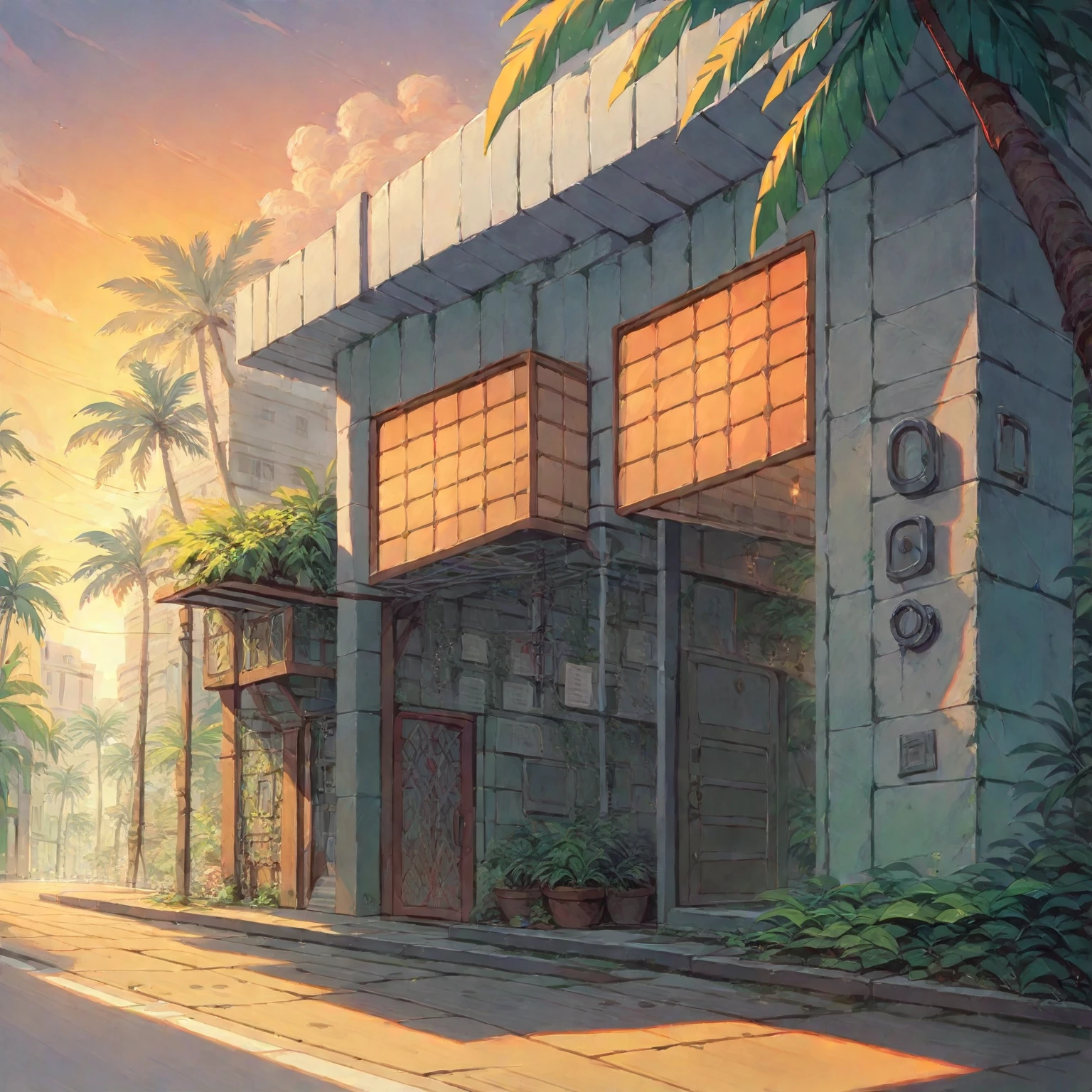 modern townhouse on street, (sunset), tropical tree, vivid colour, streetcapes, white tone, white wall, steel gate, rough white wall, large glass door, (warm interior lighting:1.2), wood and marble, best quality