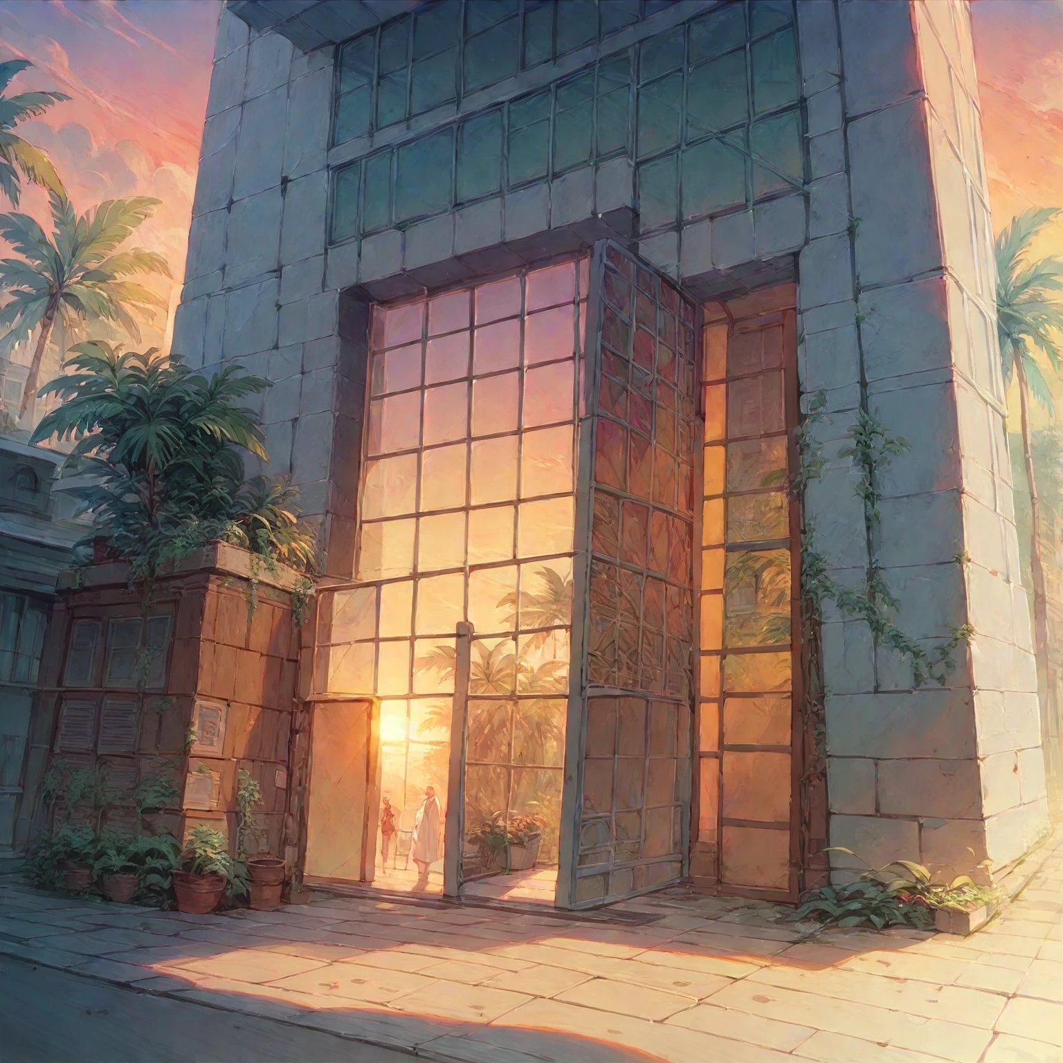 modern townhouse on street, (sunset), tropical tree, vivid colour, streetcapes, white tone, white wall, steel gate, rough white wall, large glass door, (warm interior lighting:1.2), wood and marble, best quality