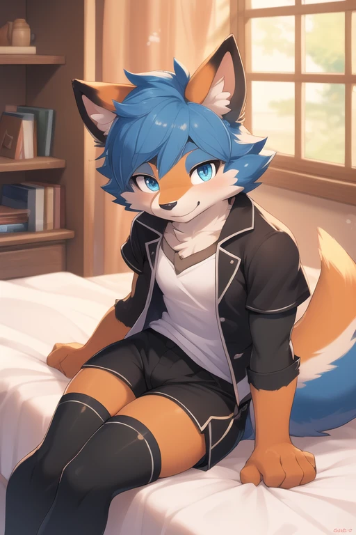 (Best Quality, of the highest quality, High resolution, 8k, anthropomorphic, furry, High detail, uploaded_in_e621:1.4), 1 chico, zorro, Boy, orange fur, blue eyes, thick thighs, high, adintro, bedroom, blue eyes, White T-shirt, black shorts, black thigh high stockings, sitting in bed, looking at the viewer, sonriinte,