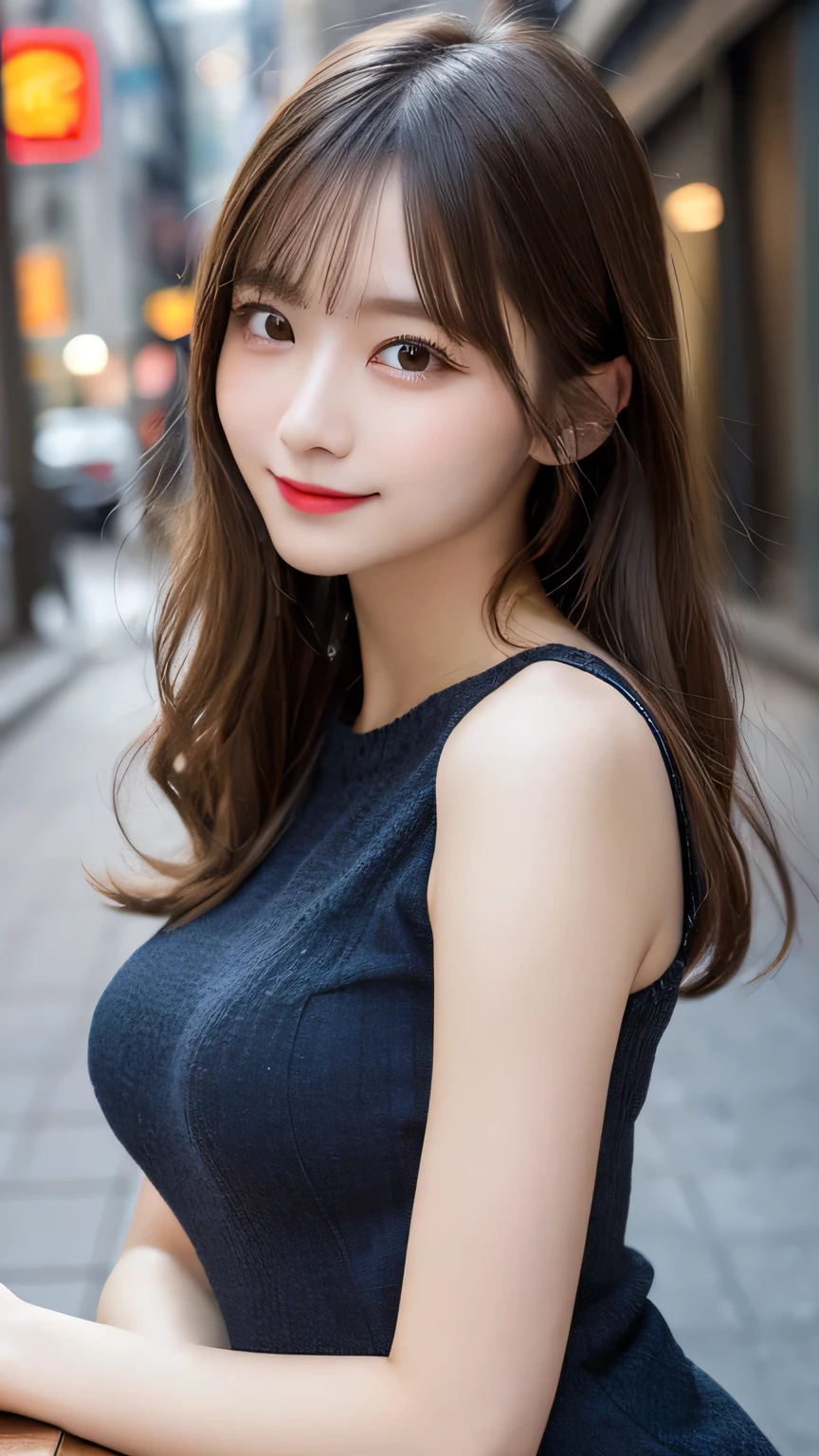 On the table, Highest quality, shape, Very detailed, Finer details, High resolution, 8k wallpaper, Perfect dynamic composition, Beautiful and delicate eyes, pain,Medium Hair, Big Breasts, Natural color lips, Casual and sexy pose,smile,Aoyama Pedestrian Street、Sleeveless dress、20-year-old girl、Slim shape