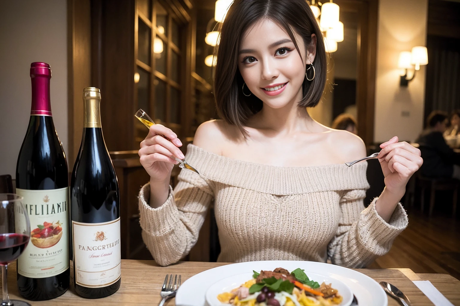 (Realistic:1.1),(masterpiece,Highest quality),8k,(49 years old), 53 years old, ベリーslimボディ、slimカップル、Tight waist,Upper Body,full-course dinner、wine 、Amazing view of the sunset sky and clouds、Perfect Anatomy, Brown Hair, short hair,Random Hairstyles,((Highly detailed face and eyes:1.2)),Perfect golden ratio face,Long sleeve shirt、dress,(smile:1.2)、Shortcuts、cute、(Realistic, Intricate details:1.2), A bright smile、short hair,Bright Face、赤wine 、Appetizers、Italian food、wine bottle、Champagne、スパークリングwine、(slimな顔), (The body is slim), (Brown Hair), (Shortcuts), Upper Body, 白wine, slim, wineグラス,
