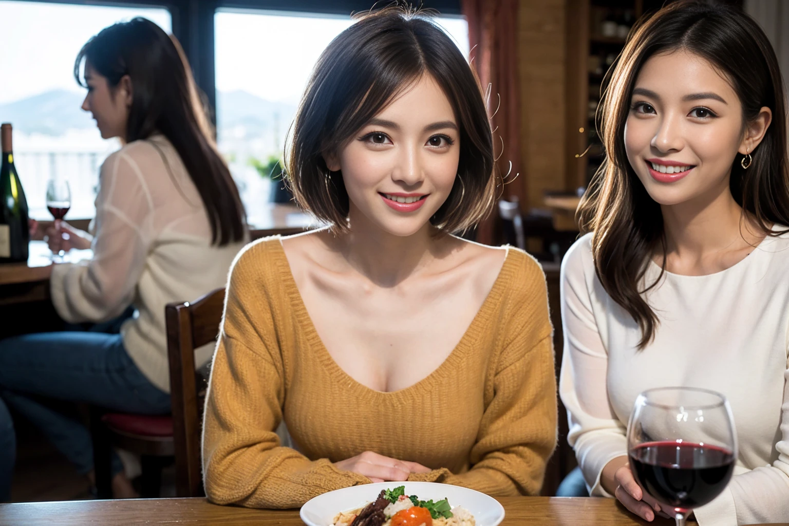 （Realistic:1.1）,(masterpiece,Highest quality)，8k,(49 years old), 53 years old, ベリーslimボディ、slimカップル、Tight waist,Upper Body,full-course dinner、wine 、Amazing view of the sunset sky and clouds、Perfect Anatomy, Brown Hair, short hair,Random Hairstyles,((Highly detailed face and eyes:1.2))，Perfect golden ratio face，Long sleeve shirt、dress,(smile:1.2)、Shortcuts、cute、(Realistic, Intricate details:1.2), A bright smile、short hair,Bright Face、赤wine 、Appetizers、Italian food、wine bottle、Champagne、スパークリングwine、(slimな顔), (The body is slim), (Brown Hair), (Shortcuts),  Upper Body, 白wine, slim, wineグラス, 
