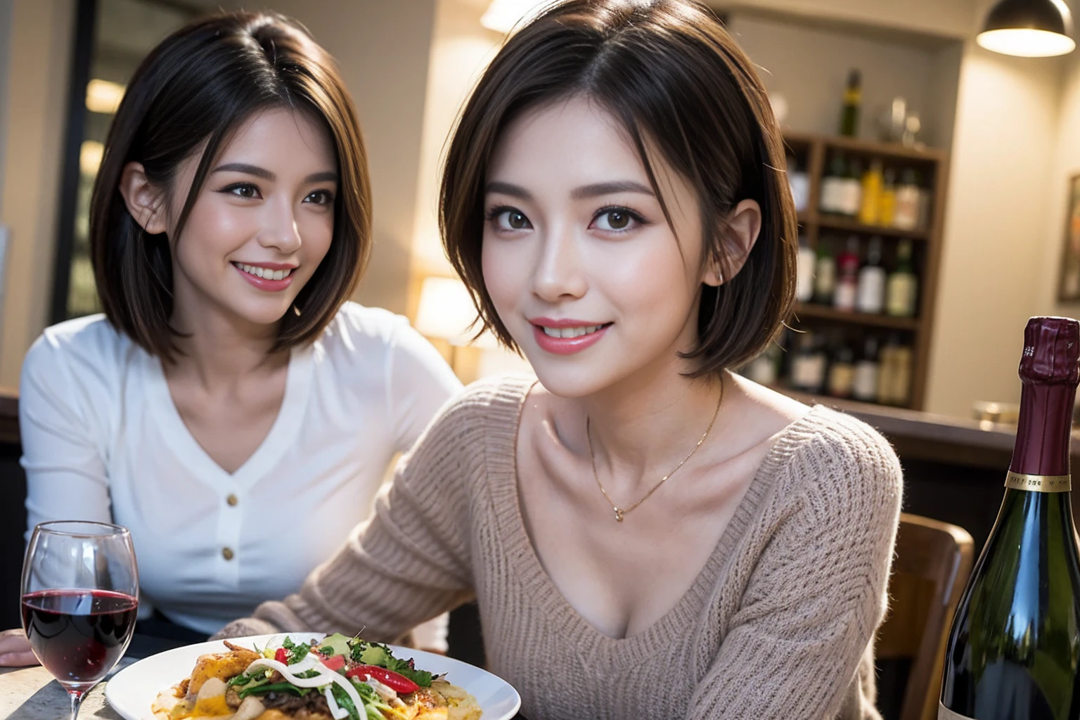 (Realistic:1.1),(masterpiece,Highest quality),8k,(49 years old), 53 years old, ベリーslimボディ、slimカップル、Tight waist,Upper Body,full-course dinner、wine 、Amazing view of the sunset sky and clouds、Perfect Anatomy, Brown Hair, short hair,Random Hairstyles,((Highly detailed face and eyes:1.2)),Perfect golden ratio face,Long sleeve shirt、dress,(smile:1.2)、Shortcuts、cute、(Realistic, Intricate details:1.2), A bright smile、short hair,Bright Face、赤wine 、Appetizers、Italian food、wine bottle、Champagne、スパークリングwine、(slimな顔), (The body is slim), (Brown Hair), (Shortcuts), Upper Body, 白wine, slim, wineグラス,