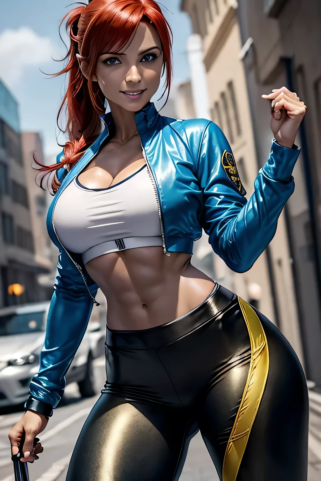 Bright blue eyes:1.6、Arabian Female Solo, Solo Female、Red Hair、Ponytail、sweat lara croft、Photorealistic perfect body、Tifa Lockhart, Science fiction,Yellow and black long sleeve shirt、Light purple jacket、Tight pants、Perfect body with realistic shading , sexy Ponytail、Biomechanical 、Large Breasts:1.4、smile、In town