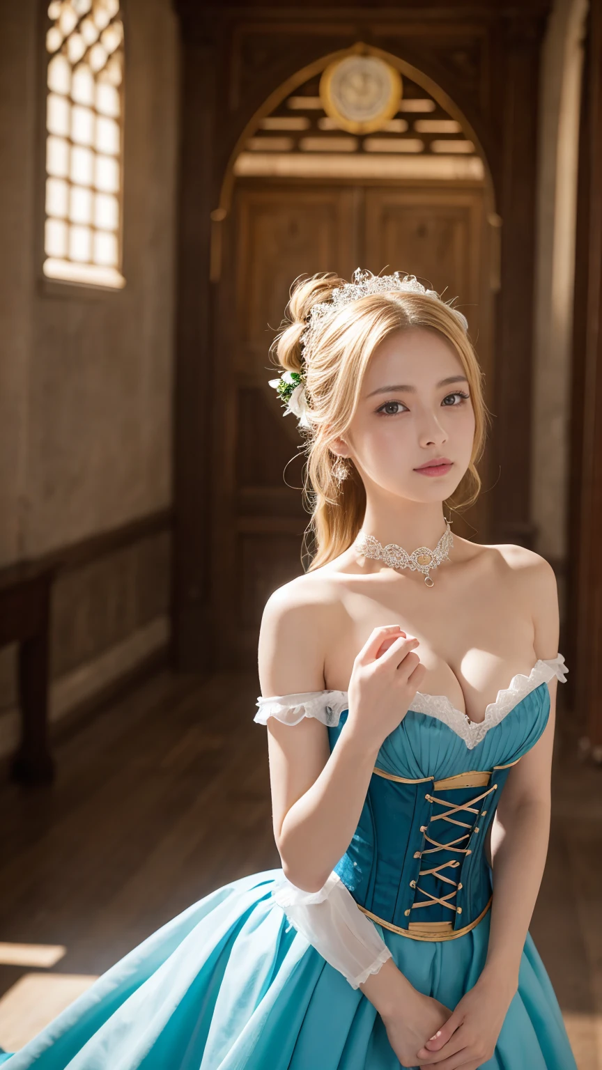masterpiece,best quality,ultra detailed,highres,high-resolution,4K,realistic,RAW photo,((real person))、Reincarnation in Another World、The medieval worldview、noble、Dance、daughter、悪役daughter、Blonde、Blue Eye、Vertically wound roll、Inside the palace、Cleavage、Beautiful décolleté、Gorgeous dress、corset、race、Great Hall、(petticoat)、princess