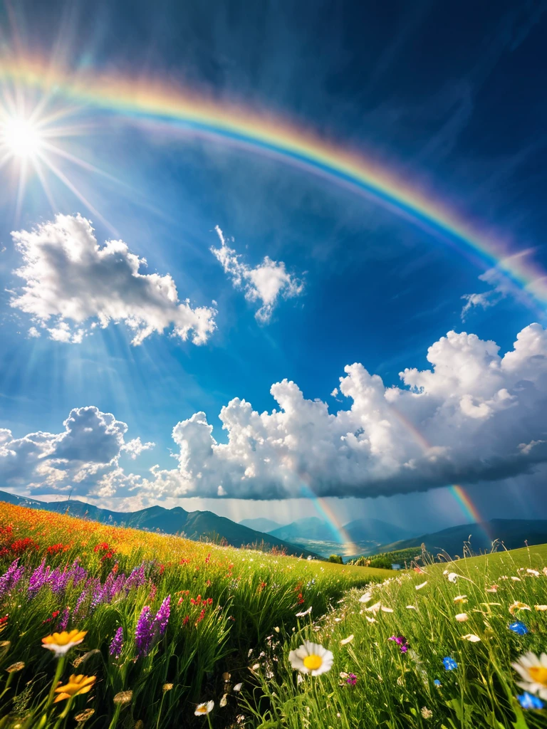 (from below, the sky above, open fields below), blue sky, white clouds, sun, sunlight, fields, mountains, meadows, flowers, wind, (dynamic composition: 1.4), rich detail, rich in color, (rainbow colors: 1.2), (luminous, atmospheric lighting), dreamy, magical,