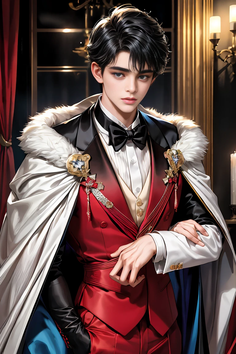 
masterpiece, 最high quality, high quality, 1 boy, alone, Male focus, Watching the audience,  Messy black hair, Adorable big blue eyes, White, Noble, Noble,A sexy, voluminous, puffy cape、tuxedo、A very voluminous, large, very large, very large, long, long red and black cape with a high stand-up collar, made of a lot of fabric that reaches down to the floor., 17 years old,Cute beautiful boys,Cute, cute, kind, handsome guy