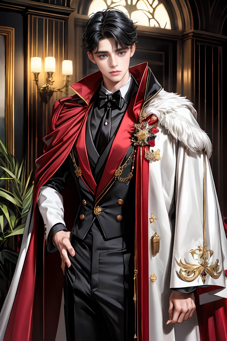 
masterpiece, 最high quality, high quality, 1 boy, alone, Male focus, Watching the audience,  Messy black hair, Adorable big blue eyes, White, Noble, Noble,A sexy, voluminous, puffy cape、tuxedo、A very voluminous, large, very large, very large, long, long red and black cape with a high stand-up collar, made of a lot of fabric that reaches down to the floor., ,Cute beautiful boys,Cute, cute, kind, handsome guy