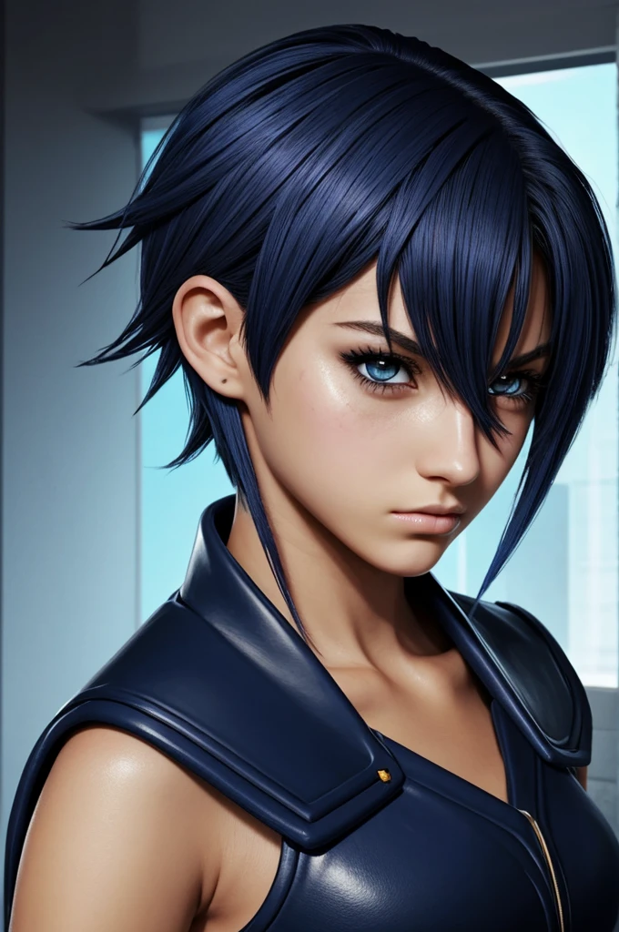 Yugioh oc of a girl with short hair with navy blue horse color, black eyes serious and intimidating look, with a scar on the left eye and another scar on the cheek on the right side