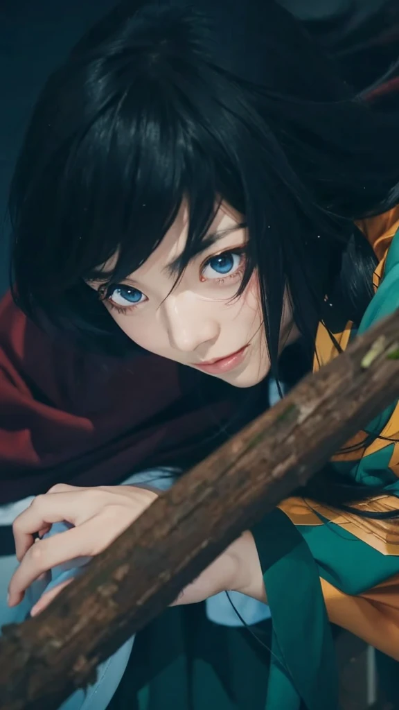 a close up of a person with long hair and a red clothes, taomioka giyu, taomioka giyu from anime demon slayer, as an anime character, perfect anime face, he has black hair with bangs, male anime character, anime character, anime best man, hime cut hairstyle, black hair, blue eyes, smile, realistic, ultra detail, city background, (handsome face:1.3)