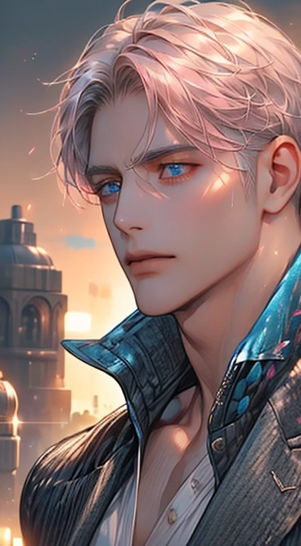 8k, Sophisticated, Elegant, Highly Detailed, Majestic, Digital photography, Surreal painting, magic, Sinuous Lightning, (Masterpiece, Side light, Lovely and beautiful eyes: 1.2), hdr, (Bright blue eyes)), Naked Upper body, (Shiny tattoo), Handsome guy, Long straight platinum hair, Muscular, tanned skin, Handsome, in front of the camera, A masterpiece