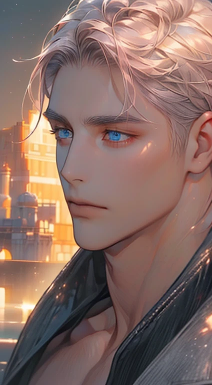 (best quality,4k,8k,highres,masterpiece:1.2),ultra-detailed,(realistic,photorealistic,photo-realistic:1.37),cinematic lighting,1:4 hdr image,a mature man, 32 years old,very handsome,cold expression,short grey pink hair,blue eyes,flawless face,buttoning his jacket,CEO