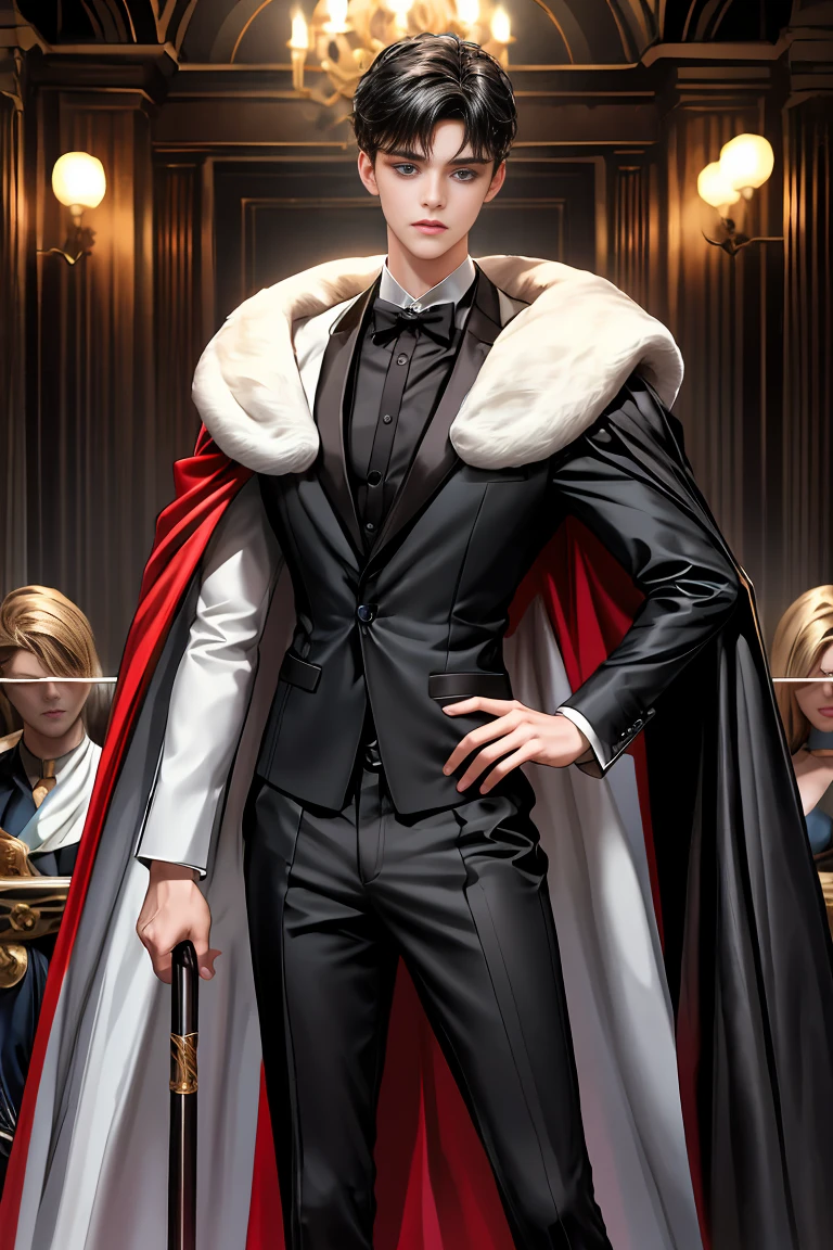 masterpiece, 最high quality, high quality, 1 boy, alone, Male focus, Watching the audience, Messy black hair, Adorable big blue eyes, White, Noble, Noble,A sexy, voluminous, puffy cape、tuxedo、A very voluminous, large, very large, very large, long, long red and black cape with a high stand-up collar, made of a lot of fabric that reaches down to the floor., 17 years old,Cute beautiful boys,Cute, cute, kind, handsome guy