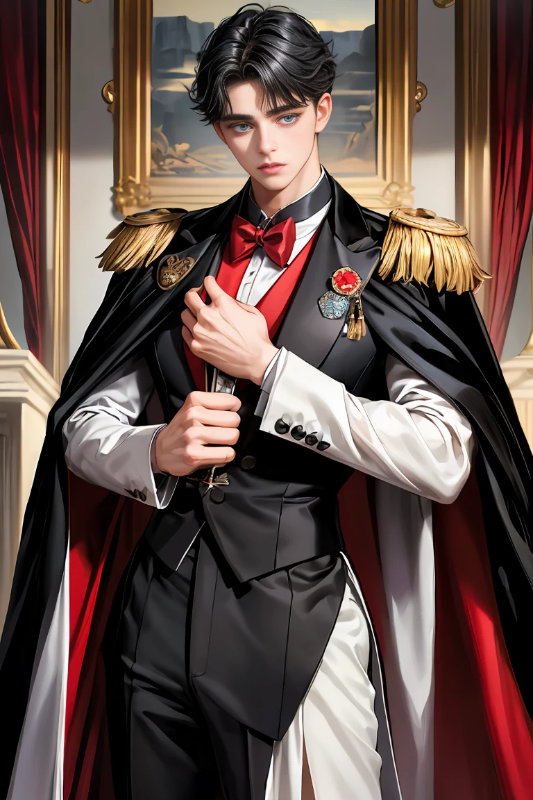 
masterpiece, 最high quality, high quality, 1 boy, alone, Male focus, Watching the audience,  Messy black hair, Adorable big blue eyes, White, Noble, Noble,A sexy, voluminous, puffy cape、tuxedo、A very voluminous, large, very large, very large, long, long red and black cape with a high stand-up collar, made of a lot of fabric that reaches down to the floor., ,Cute beautiful boys,Cute, cute, kind, handsome guy