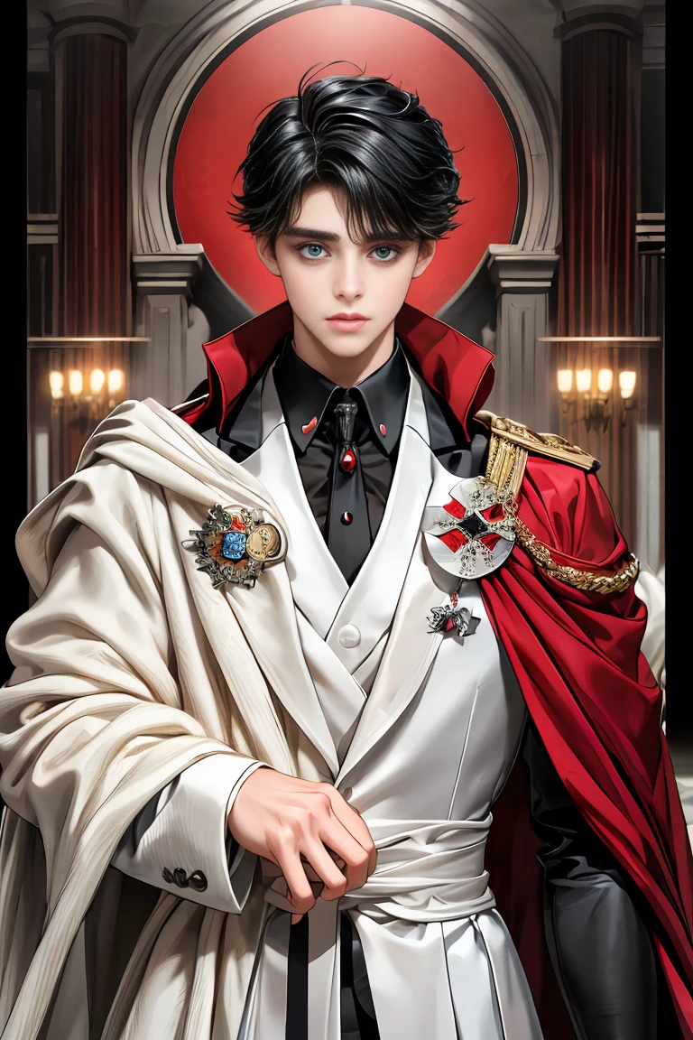 masterpiece, 最high quality, high quality, 1 boy, alone, Male focus, Watching the audience, Messy black hair, Adorable big blue eyes, White, Noble, Noble,A sexy, voluminous, puffy cape、tuxedo、A very voluminous, large, very large, very large, long, long red and black cape with a high stand-up collar, made of a lot of fabric that reaches down to the floor., 17 years old,Cute beautiful boys,Cute, cute, kind, handsome guy