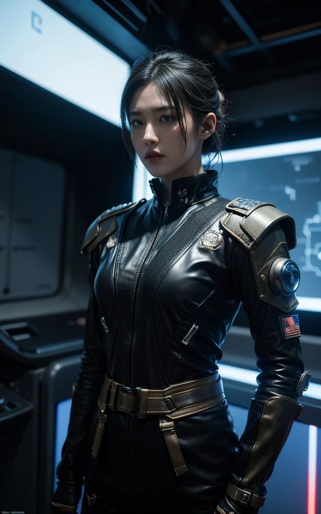 Alien technology air force,military uniform , fashion photography , Inspired by Cyberpunk。(best quality,4K,8K,high resolution,masterpiece:1.2), (Practical,Reality,Photo-real:1.37).masterpiece,Game Art,Best picture quality,最high resolution,8K,,Unreal Engine 5 rendering works,(Digital Photography), 20 year old girl,Short hair details,(Half-length photo)(Spacecraft pilot)(Spaceship cockpit)(Very cool,Exaggerated sci-fi avant-garde cockpit,Lots of buttons and displays,High technological content) (未来铠甲结合空军military uniform,Mysterious oriental runes,Exquisite clothing patterns),Future Warrior,Cyberpunk Characters,War Background, light,Ray Tracing,Game CG,((3D Unreal Engine)),OC rendering reflection mode,blur background