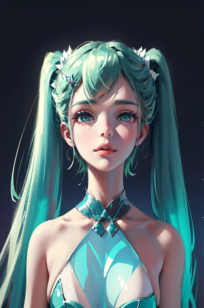 (Holographic Art:1.2)、masterpiece、Highest quality、whole body、One Girl (((Glass-like translucent and reflective dress))) 、Neon color background、Halation,Realistic、High resolution、detailed、Soft Focus、Delicate facial features、Perfect Eyes、Sharp pupils、Written boundary depth、Sharp focus、Long twin tails、Hair ornaments are sharp、Green light、Lighting by world-class AI creators