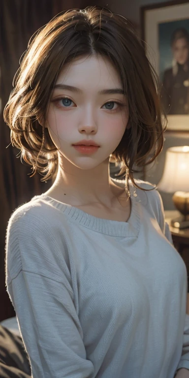 (masterpiece: 1.2, Portraiture, Highest quality), Realistic, (Live Action, Intricate details, Written boundary depth), Highest quality, masterpiece, Attention to detail, semi-Realistic, Sleeping in bed, shy, 21 years old, Short Blonde, blue eyes, pajamas, Slim figure、Canopy bed、