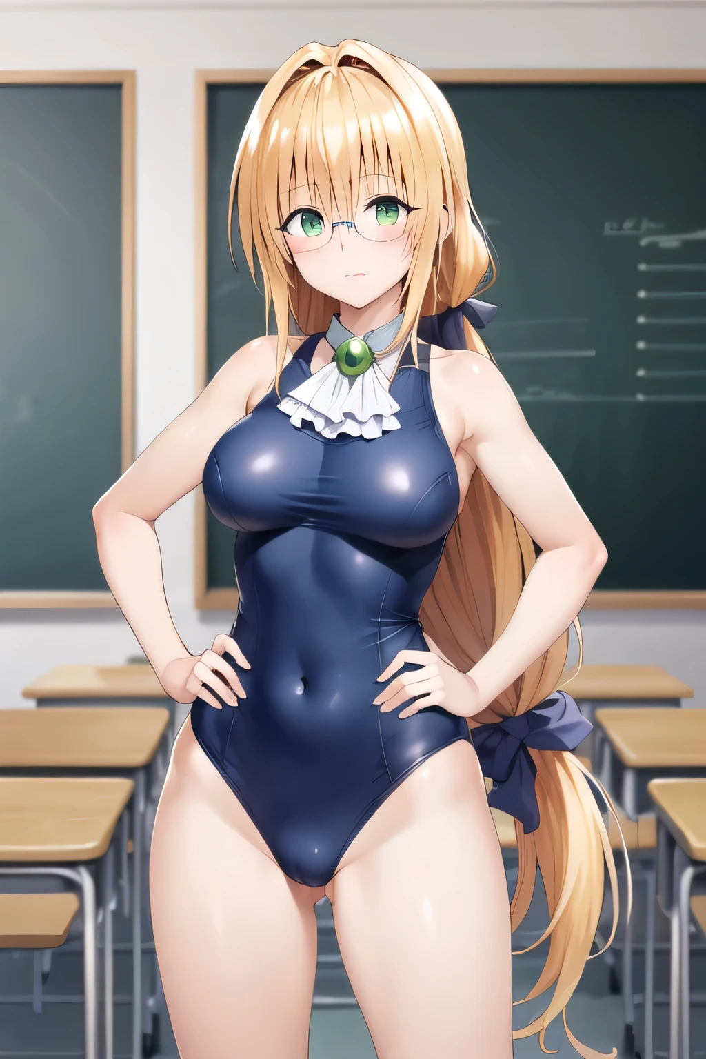 masterpiece, Highest quality, High resolution, Atearge, Very long hair, Long hair tied low, Hair Ribbon, Green Eyes, Glasses, Large Breasts, White Ascot, Golden swimsuit, Place your hands on your hips, Are standing, Cowboy Shot, classroom, blackboard,
