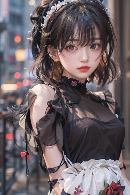 ((Upper Body))、((One Girl))、(20th Generation)、((Very short hair))、((Straight bangs))、((Black-haired))、(Take in the view)、Gothic Lolita、((Black maid outfit))、(Eye patch for left eye)、(Realistic:1.2)、In 8K、(High Quality Shadows)、Beautiful and delicate face、Beautiful and delicate eyes、Cute K-pop Idol、(The Face of Ulzan in Korea)、(Urzan-6500-v1.1:0.6)、Glowing Eyes、Perfect body、Natural color reproduction、((Strong light))、Bright red lipstick、(choker)、((Brown eyes))、Shiny Hair、Description of beautiful and delicate hair、(Glowing Skin)、(night)、Japanese、(dark alley between buildings)、Street lamp、Shoulder Bare、Small red rose tattoo on the décolletage、Just one tattoo