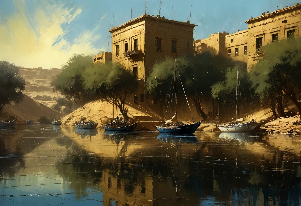 Jeremy Mann. (Nature and Landscapes painting) masterpiece. Impasto oil painting, textured. Saturated deep colors. High contrast. Detail. Multi-layered image with cellular shadows. Beautiful Landscapes, Perfect Nature, Nile landscape in Aswan, Sailboats on the Nile River Aswan, Clear Egyptian sky, featuring local flora and fauna, golden ratio, award winning, highly detailed, centered, drawn, complex, volumetric lighting, beautiful, masterpiece, depth of field, perfect composition, high resolution 8K, palette knife and brush strokes, Artistic style of a professional artist., epic royal background, big royal uncropped crown, robotic, nature, full shot, symmetrical, Greg Rutkowski, Charlie Bowater, Beeple, Unreal 5, hyperrealistic, dynamic lighting, fantasy art