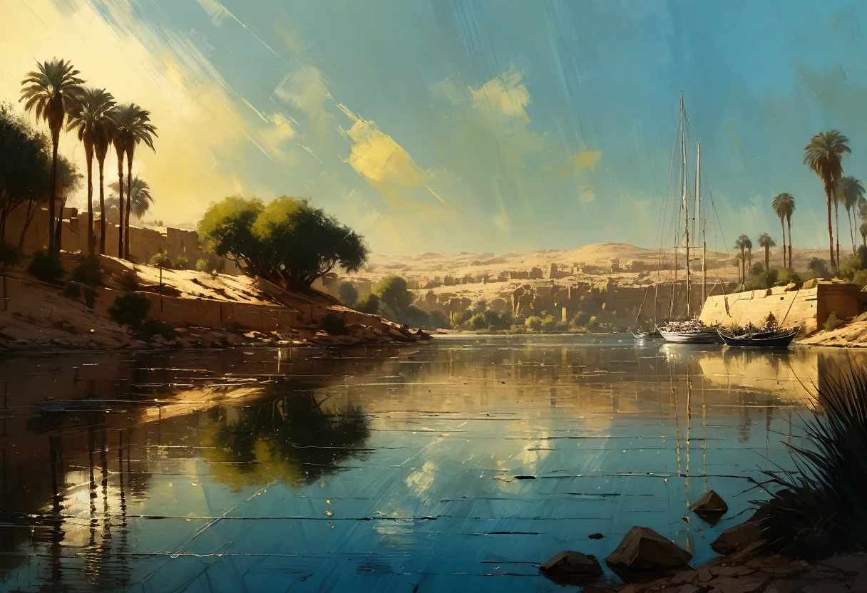 Jeremy Mann. (Nature and Landscapes painting) masterpiece. Impasto oil painting, textured. Saturated deep colors. High contrast. Detail. Multi-layered image with cellular shadows. Beautiful Landscapes, Perfect Nature, Nile landscape in Aswan, Sailboats on the Nile River Aswan, Clear Egyptian sky, featuring local flora and fauna, golden ratio, award winning, highly detailed, centered, drawn, complex, volumetric lighting, beautiful, masterpiece, depth of field, perfect composition, high resolution 8K, palette knife and brush strokes, Artistic style of a professional artist., epic royal background, big royal uncropped crown, robotic, nature, full shot, symmetrical, Greg Rutkowski, Charlie Bowater, Beeple, Unreal 5, hyperrealistic, dynamic lighting, fantasy art