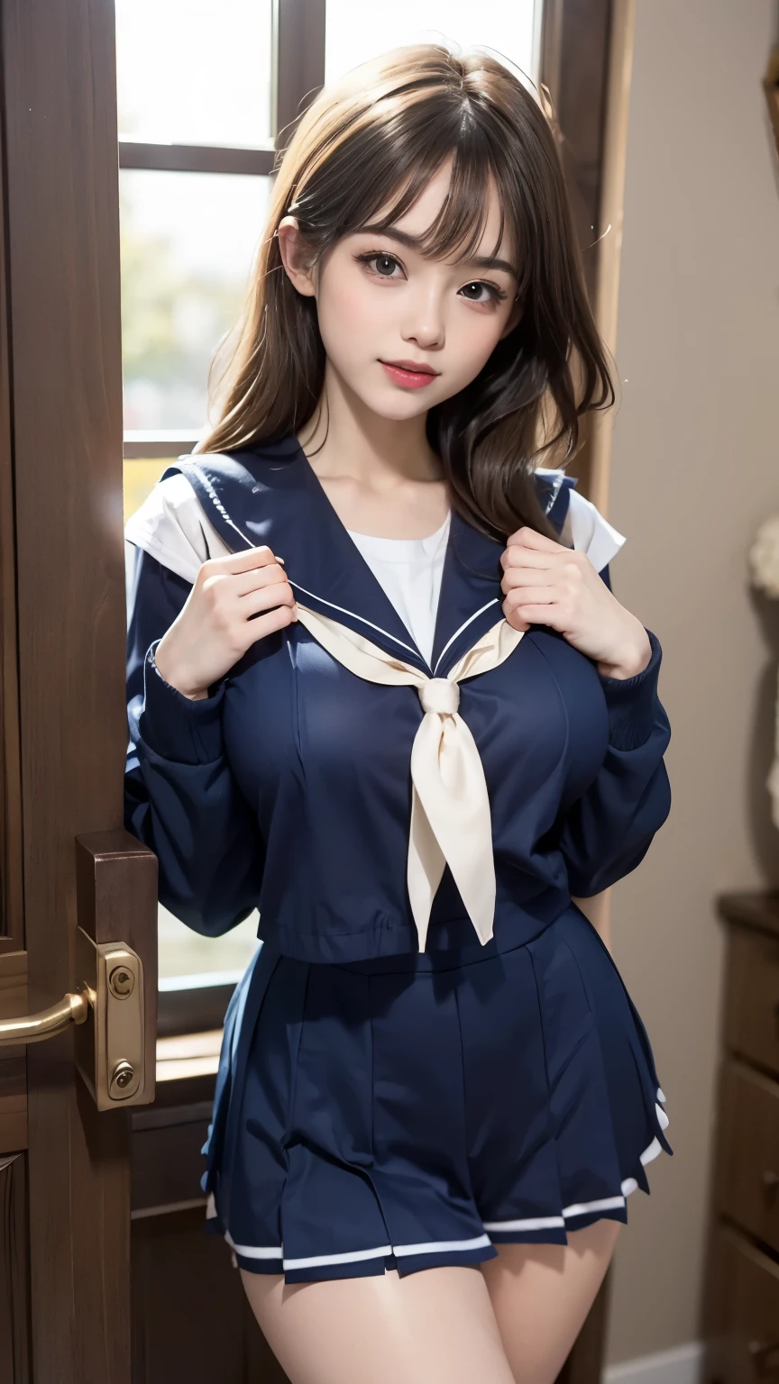 One Girl, Beautiful girl with beautiful details, Highly detailed eyes and face, Look at me, Open your mouth a little, Laugh shyly, Beautiful thighs, RAW Photos, (Highest quality:1.2), 8k, Attention to detail, High resolution, Highest quality, High resolutionの生のカラー写真, Professional photography, Cinematic Light, (Beautiful Face:1.2), (Beautiful breasts:1.2), (Sailor suit with a wide open chest:1.5), Beautiful breasts, (短いスカートからWhite panties are visible:1.3), I can see your crotch , room, (White panties are visible), Depth of written boundary, (Angle from below),