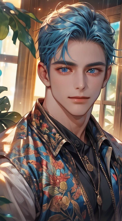 (best quality,4k,8k,highres,masterpiece:1.2),ultra-detailed,(realistic,photorealistic,photo-realistic:1.37),1 man,31 years old,mature man,very handsome,without expression,smile,short blue hair,blue eyes,penetrating gaze,perfect face without errors,imposing posture,businessman,office background,cinematic lighting,hdr image