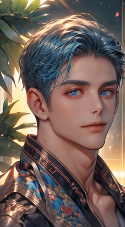 (best quality,4k,8k,highres,masterpiece:1.2),ultra-detailed,(realistic,photorealistic,photo-realistic:1.37),1 man,31 years old,mature man,very handsome,without expression,smile,short blue hair,blue eyes,penetrating gaze,perfect face without errors,imposing posture,businessman,office background,cinematic lighting,hdr image