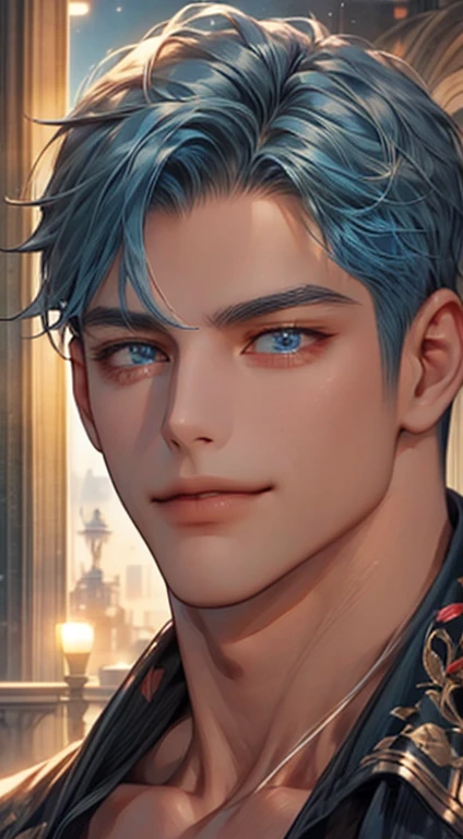 (best quality,4k,8k,highres,masterpiece:1.2),ultra-detailed,(realistic,photorealistic,photo-realistic:1.37),1 man,31 years old,mature man,very handsome,without expression,smile,short blue hair,blue eyes,penetrating gaze,perfect face without errors,imposing posture,businessman,office background,cinematic lighting,hdr image